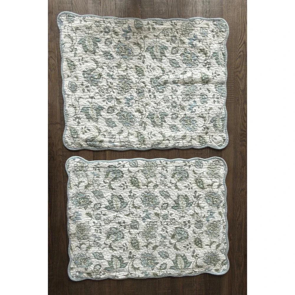 Home Classics Set of 2 Quilted Pillow Shams Floral Blue Green Cotton Standard